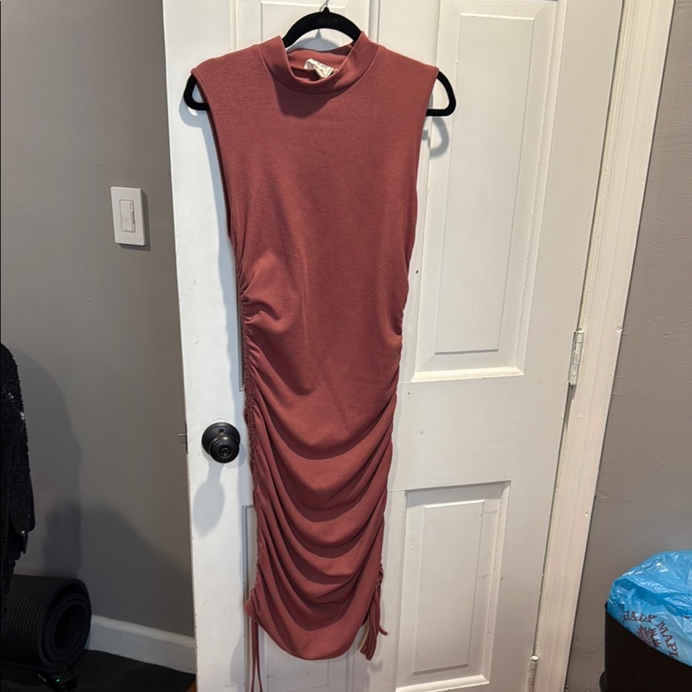 Vici Orange Pink Asymmetrical Ruched Bodycon Midi Dress